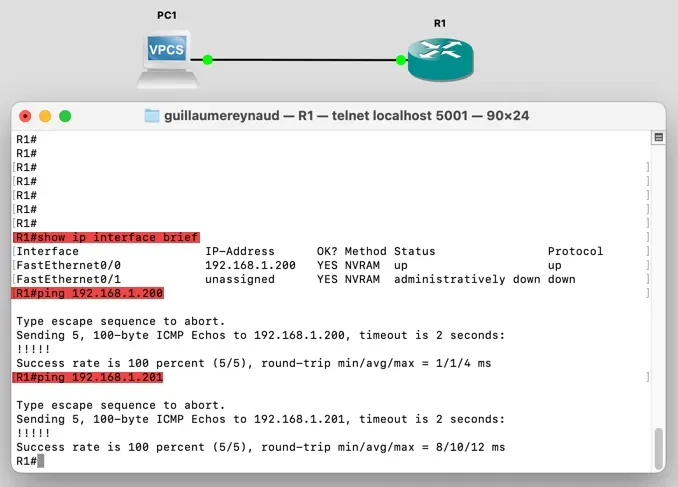 Si un autre périphérique est connecté à cette interface (ex. un PC ou un autre routeur), vous pouvez tester la connexion avec la commande ping