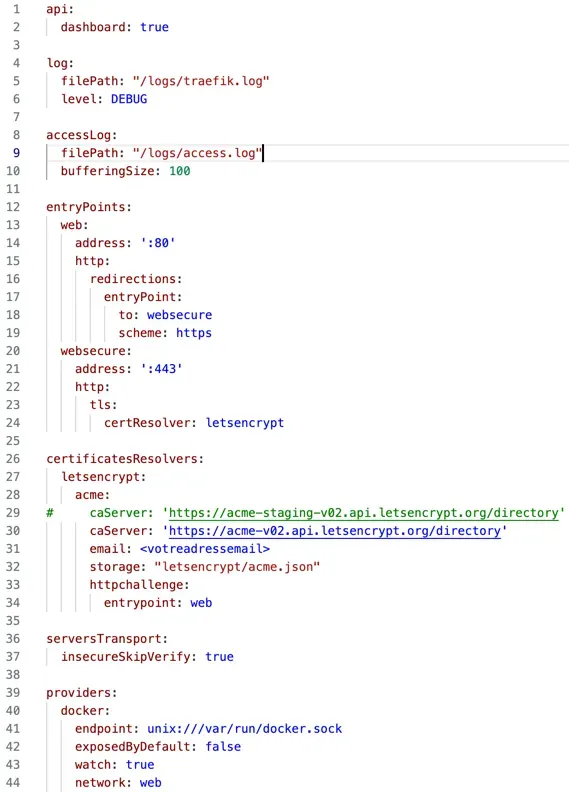 Créer deux fichiers de configuration qui seront chargés par Traefik au démarrage (un fichier statique et un fichier dynamique).