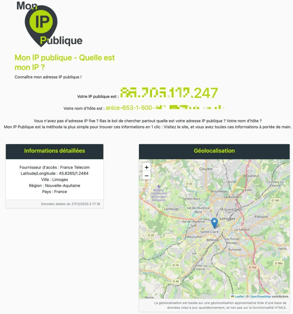 Pour connaître votre adresse IP publique (celle visible sur Internet), visitez un site comme https://www.monippublique.com/