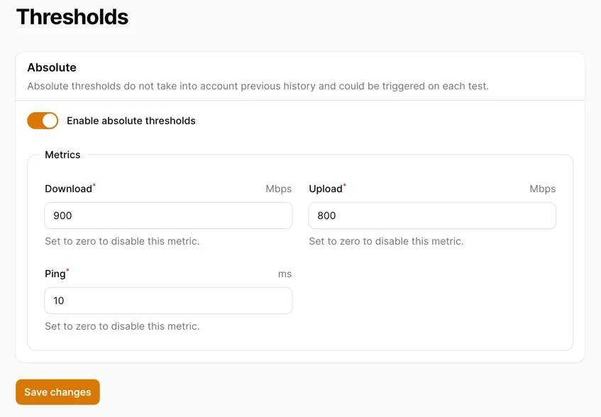 Si vous souhaitez être notifié uniquement en fonction de certain seuil, utiliser les Thresholds de SpeedTest Tracker