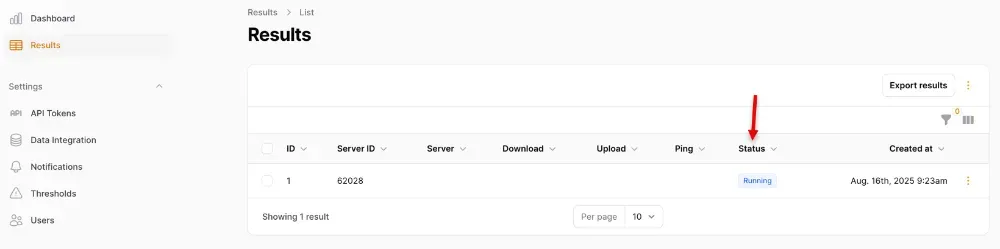 Le statut du test se trouve dans la colonne Status, ici Running