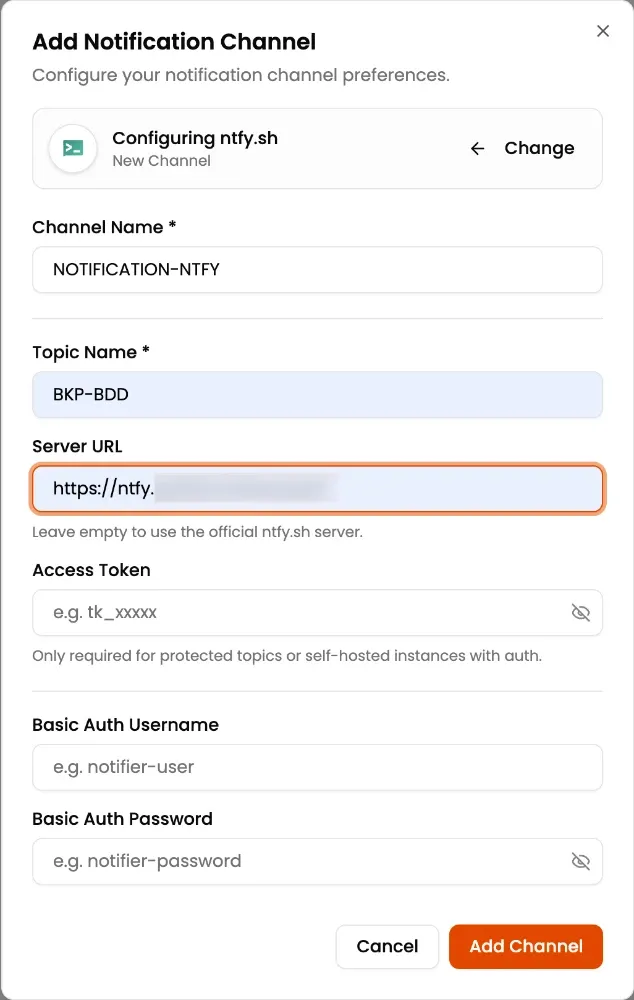 Exemple de paramètres pour une instance NTFY auto-hébergée