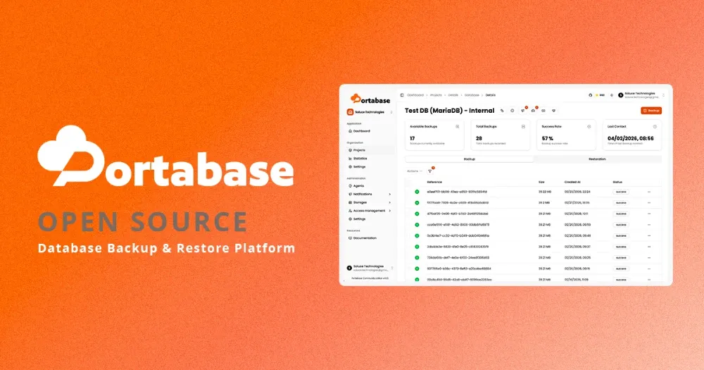 Portabase est un outil open source de sauvegarde et restauration de bases de données, prenant actuellement en charge PostgreSQL, MySQL, SQLite, MsSQL, MariaDB et MongoDB.