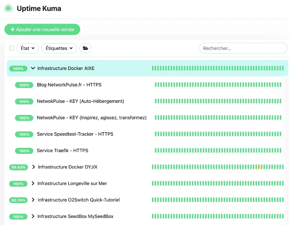 Liste des services supervisés par Uptime Kuma (Regroupement des services par fonction)