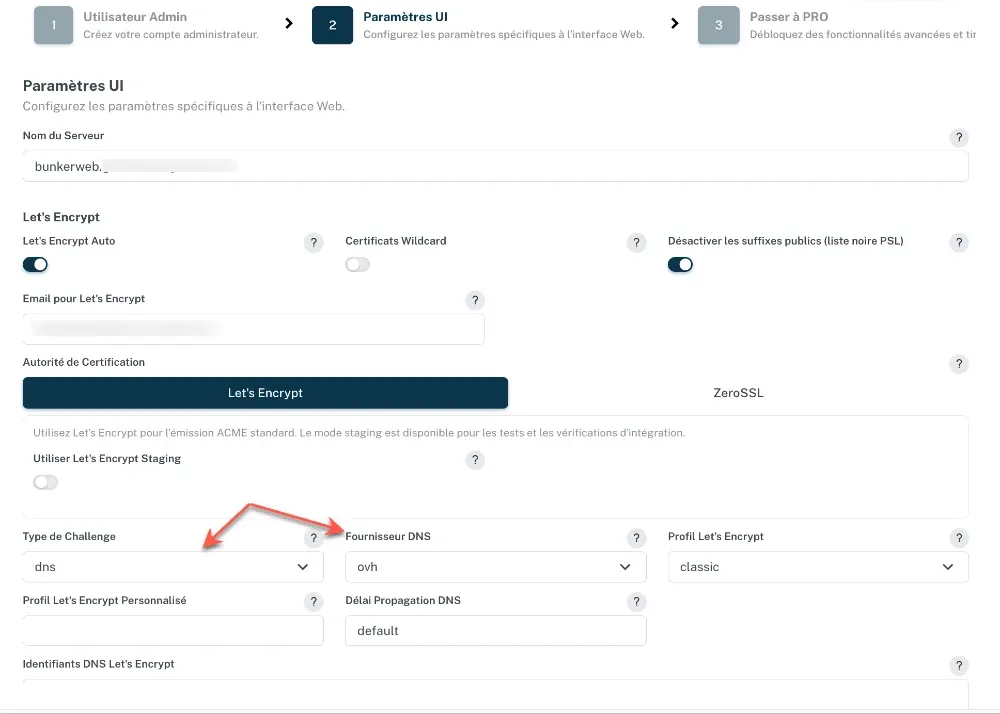Configuration des premiers paramètres de Bunkerweb