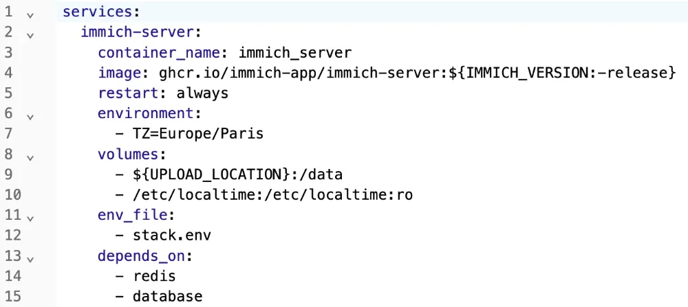Portion de code du docker compose de Immich