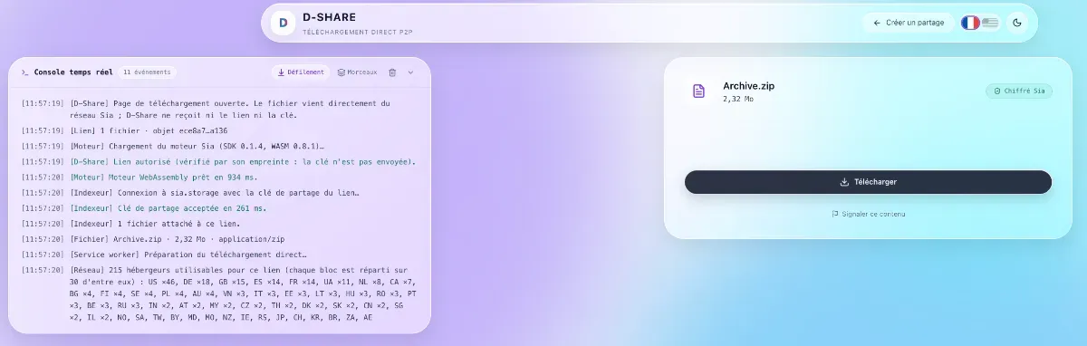 Le téléchargement par le destinataire est très simple 1 seul lien pas d'application ni de compte à créer ou télécharger