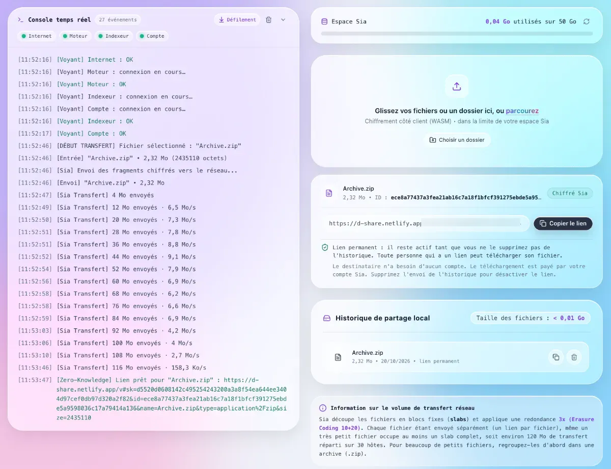 La console à gauche suit la progression, et la barre « Espace Sia » indique l'espace consommé. Un seul lien couvre tous les fichiers d'un envoi, que l'on transmet par messagerie, courriel ou Discord.